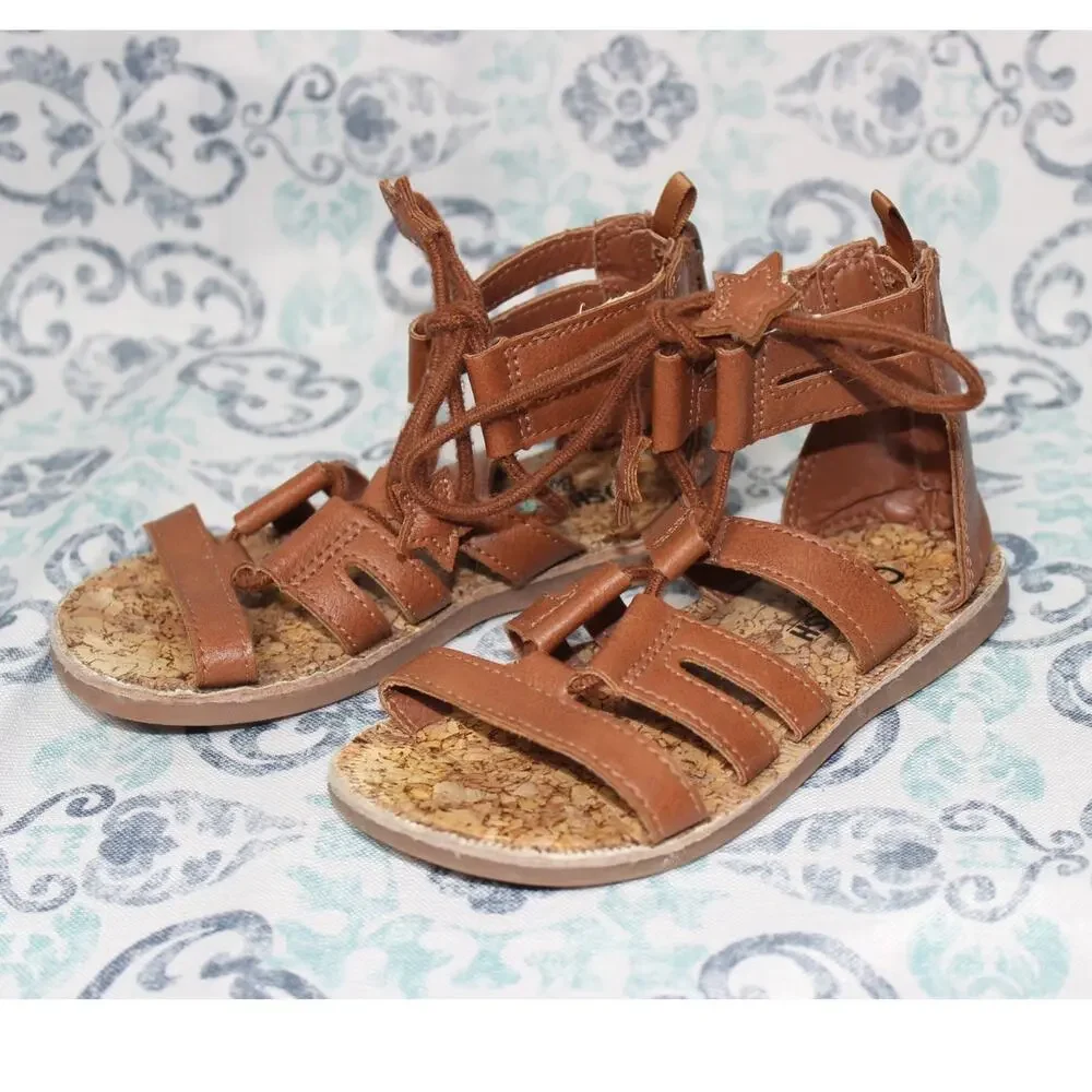 OshKosh B'gosh Girls Brown Sandals With Star Tie‎ Up Straps Size Toddler 9